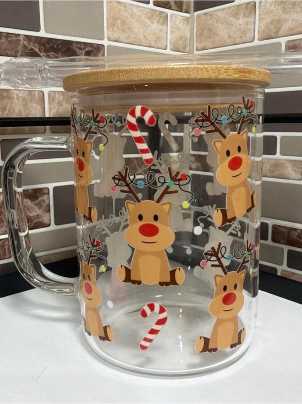 Clear Glass Holiday Reindeer Mug with Bamboo Lid